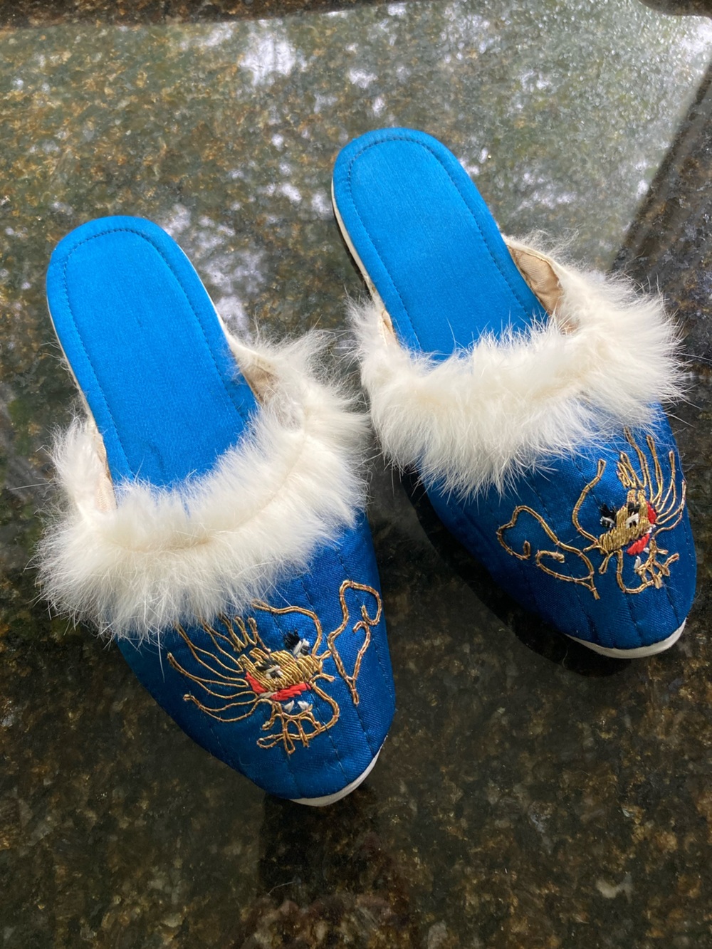 WWII Japan Souvenir Embroidered Slip-On Women’s Slippers 1940s Dragon Satin Fur